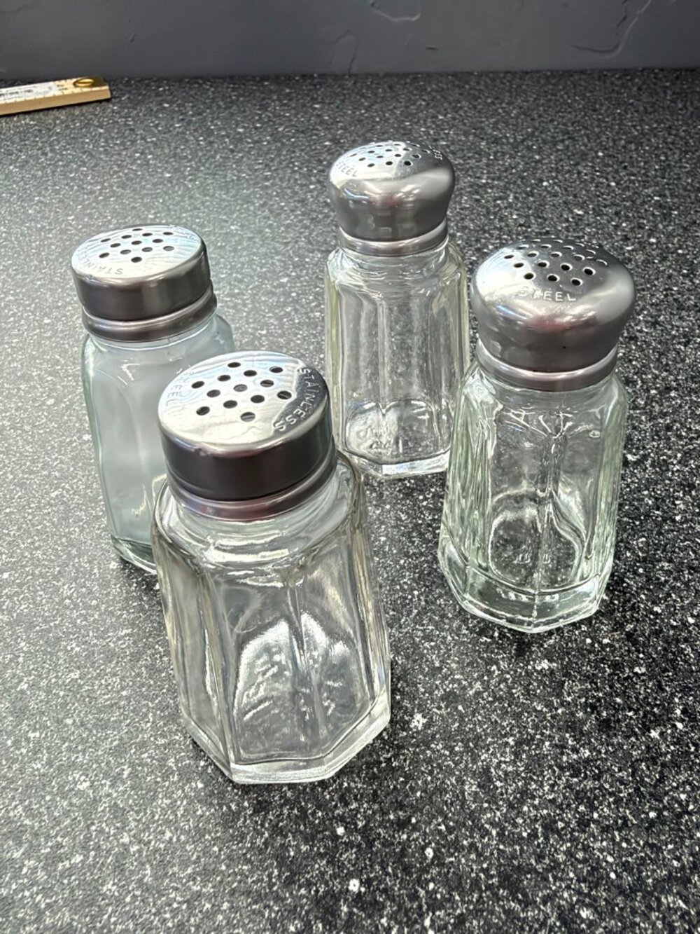 Vintage Glass Salt & Pepper Shakers Stainless Steel Tops Set of 4